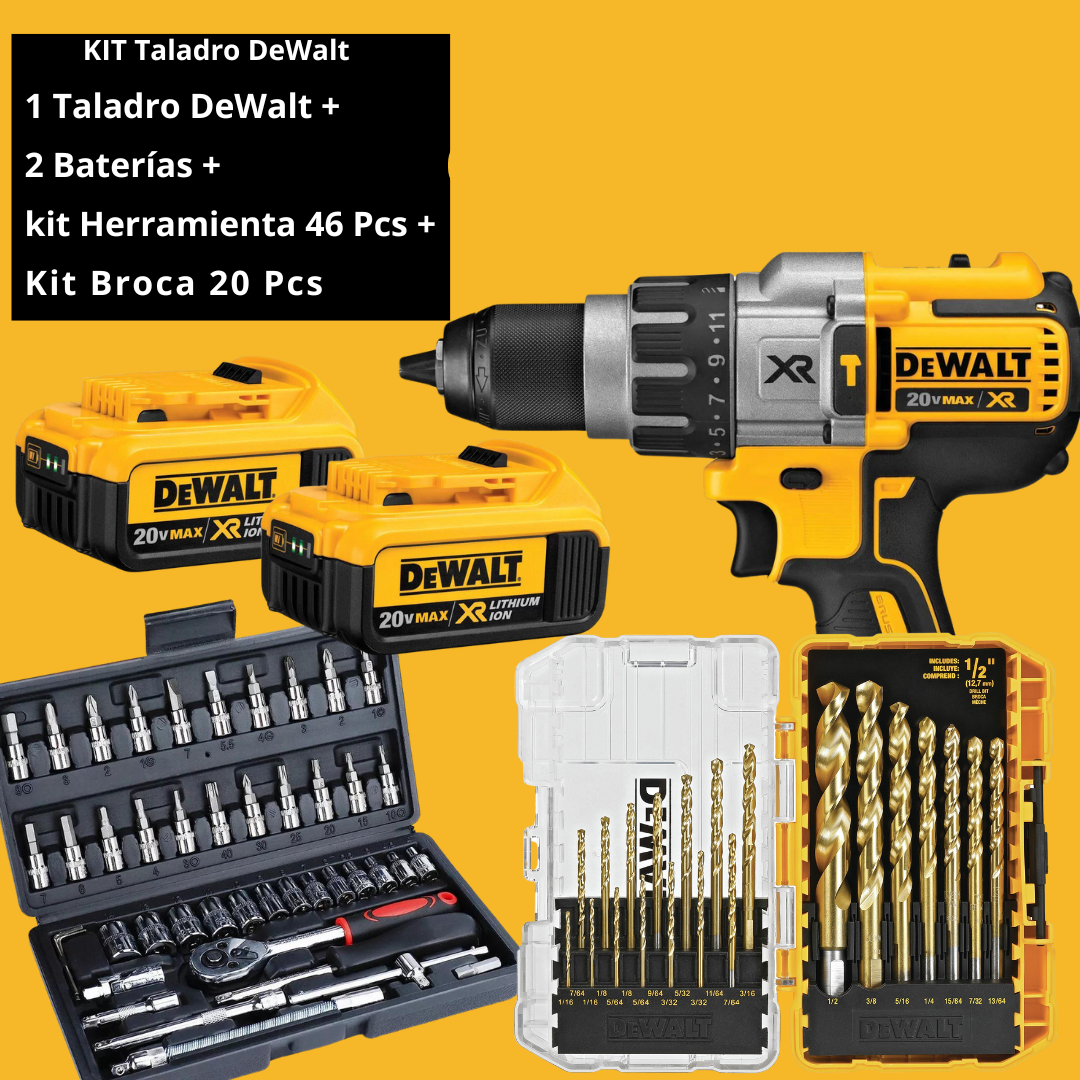 🥇 KIT TALADRO DEWALT + 2 BATERÍAS + KIT HERRAMIENTA