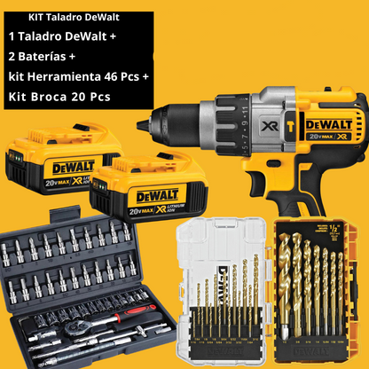 🥇 KIT TALADRO DEWALT + 2 BATERÍAS + KIT HERRAMIENTA